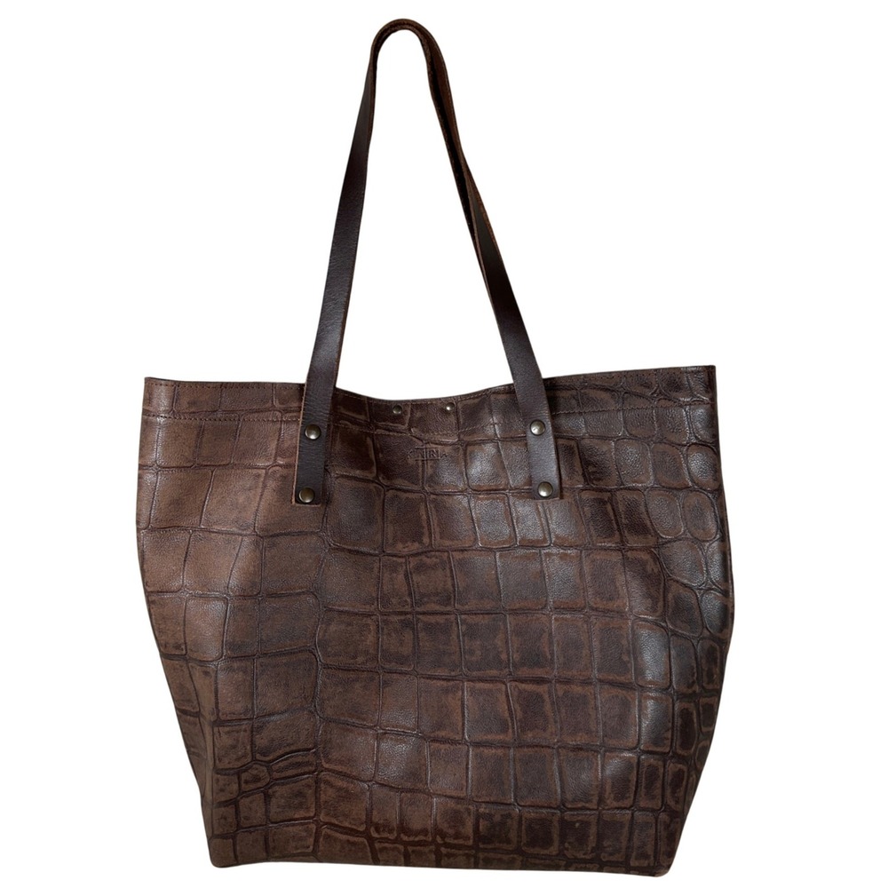 Kiniria Dark Brown Croc Embossed Leather Tote Bag Large Shoulder Bag Handcrafted